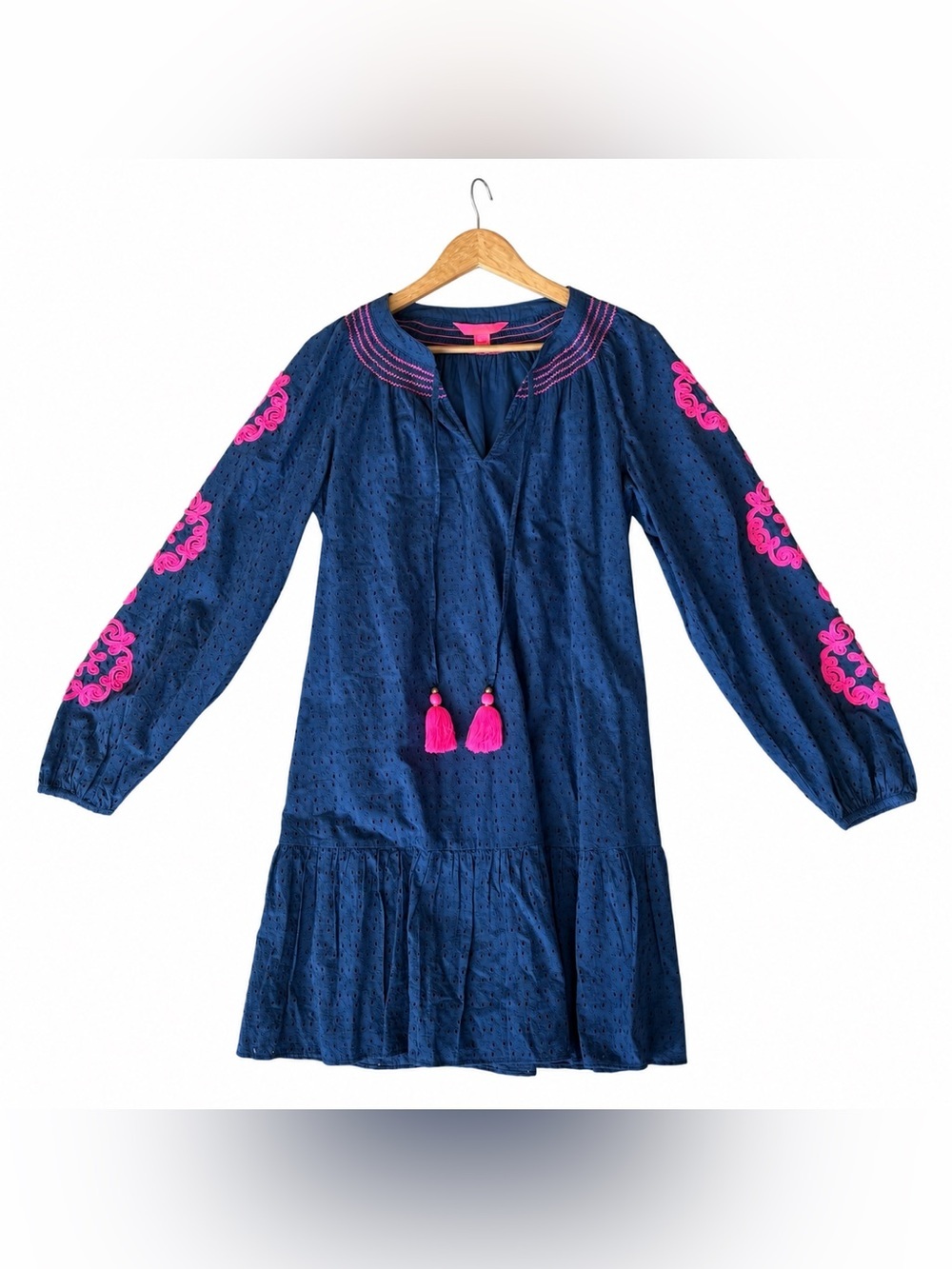 Lilly Pulitzer Lucee Navy Pink Embroidered Eyelet Shift Dress, Size Medium